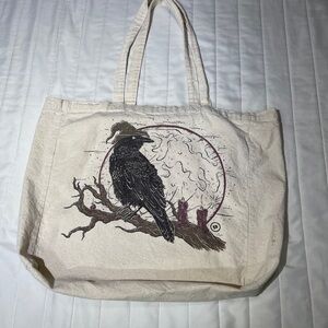 Canvas Tote Bag with Raven Graphic - Cream and Black